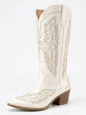 Women's white Polyurethane Cowgirl Toe boots Chunky Heel Mid-Calf Boots